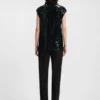Sequin top with draped funnel neckline