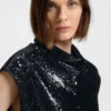Sequin top with draped funnel neckline