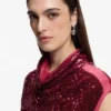 Sequin top with draped funnel neckline
