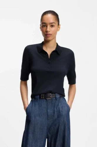 Short-sleeved sweater in merino wool with polo collar