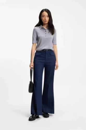 Short-sleeved sweater in merino wool with polo collar