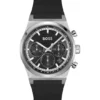 Silver-tone chronograph watch with black leather strap