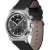 Silver-tone chronograph watch with black leather strap