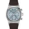 Silver-tone chronograph watch with brown leather strap
