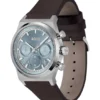 Silver-tone chronograph watch with brown leather strap