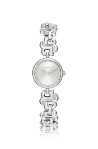 Silver-tone watch with monogram-link bracelet