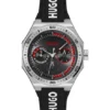 Silver-tone watch with silicone logo strap