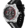 Silver-tone watch with silicone logo strap