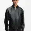 Sleeve-pocket bomber jacket in leather
