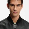 Sleeve-pocket bomber jacket in leather