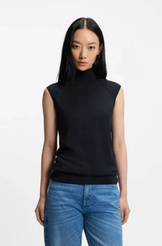Sleeveless mock-neck sweater in merino wool