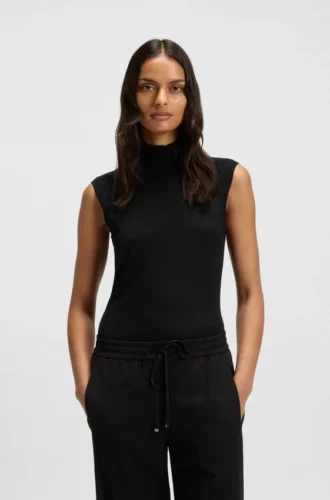 Sleeveless mock-neck sweater in merino wool