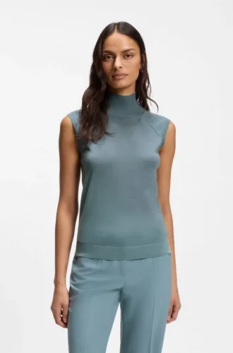 Sleeveless mock-neck sweater in merino wool