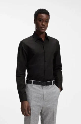 Slim-fit shirt in cotton-linen jacquard