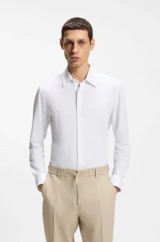 Slim-fit shirt in Italian performance-stretch seersucker