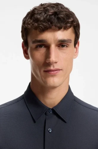 Slim-fit shirt in Italian performance-stretch seersucker
