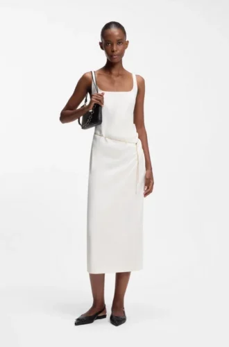 Square-neck dress with golden chain belt