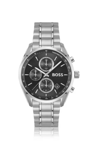 Steel-bracelet watch with black dial