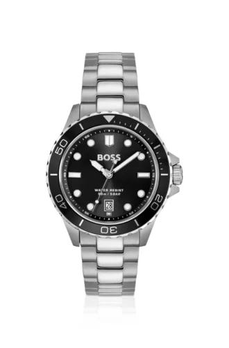 Steel-bracelet watch with black dial
