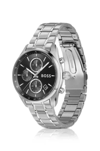 Steel-bracelet watch with black dial