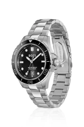 Steel-bracelet watch with black dial