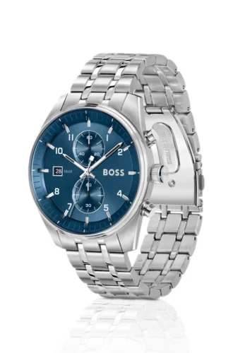 Steel-bracelet watch with blue dial