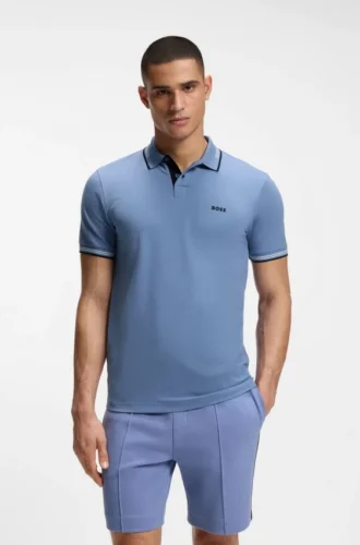 Stretch-cotton slim-fit polo shirt with branding and stripes Stretch-cotton slim-fit polo shirt with branding and stripes