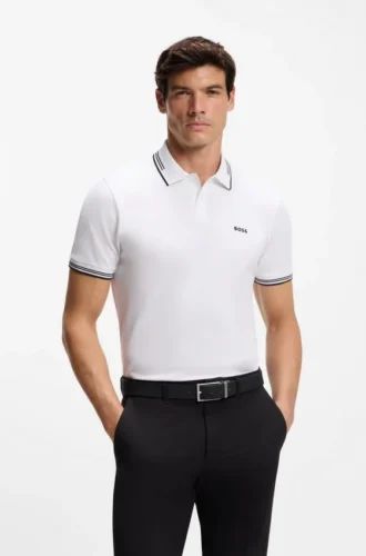 Stretch-cotton slim-fit polo shirt with branding and stripes