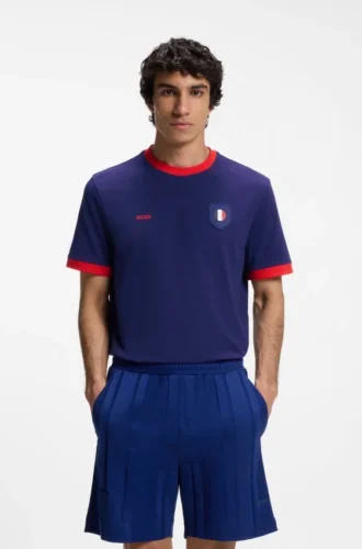 Stretch-cotton T-shirt with country flag and logo