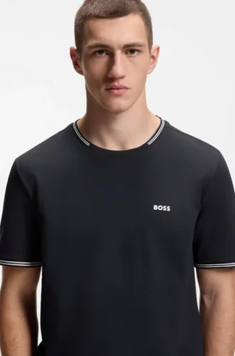 Stretch-cotton T-shirt with stripes and logo