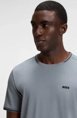 Stretch-cotton T-shirt with stripes and logo