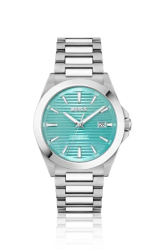 STRIKE Silver-tone watch with grooved turquoise dial