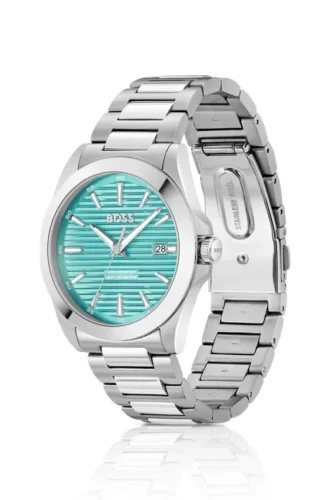 STRIKE Silver-tone watch with grooved turquoise dial