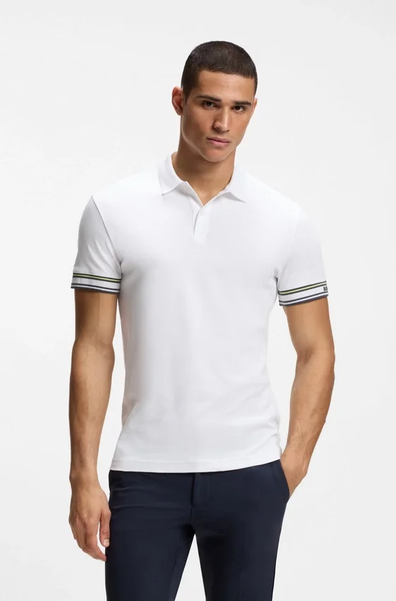 Stripe-cuff polo shirt in interlock cotton Stripe-cuff polo shirt in interlock cotton