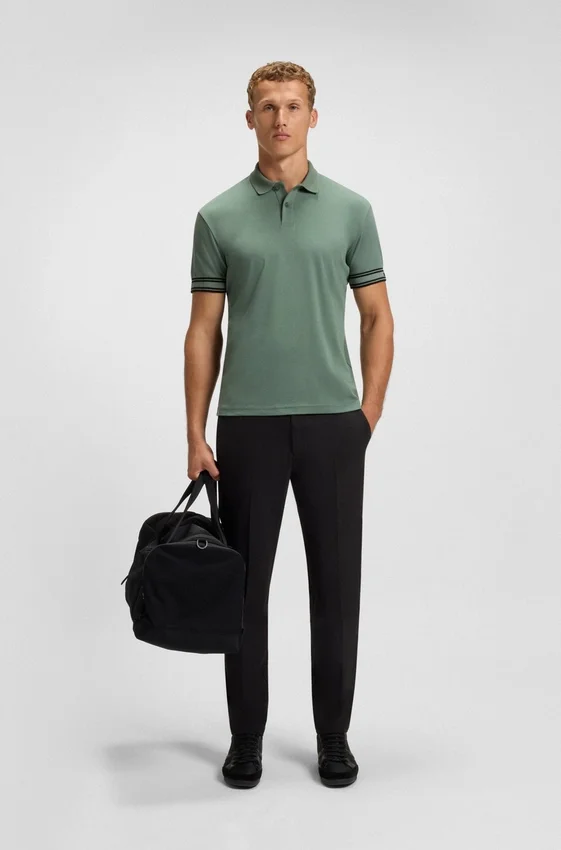 Stripe-cuff polo shirt in interlock cotton Stripe-cuff polo shirt in interlock cotton