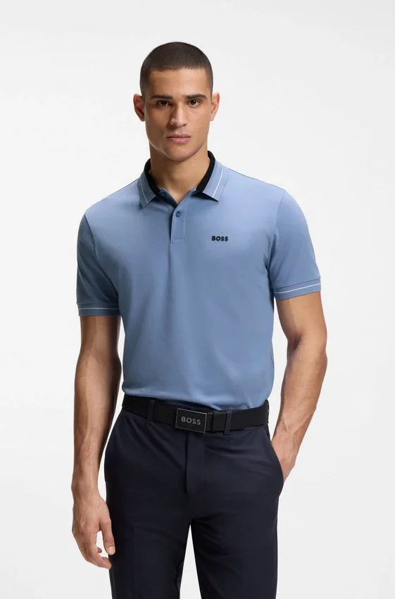 Stripe-trim polo shirt in stretch cotton Stripe-trim polo shirt in stretch cotton