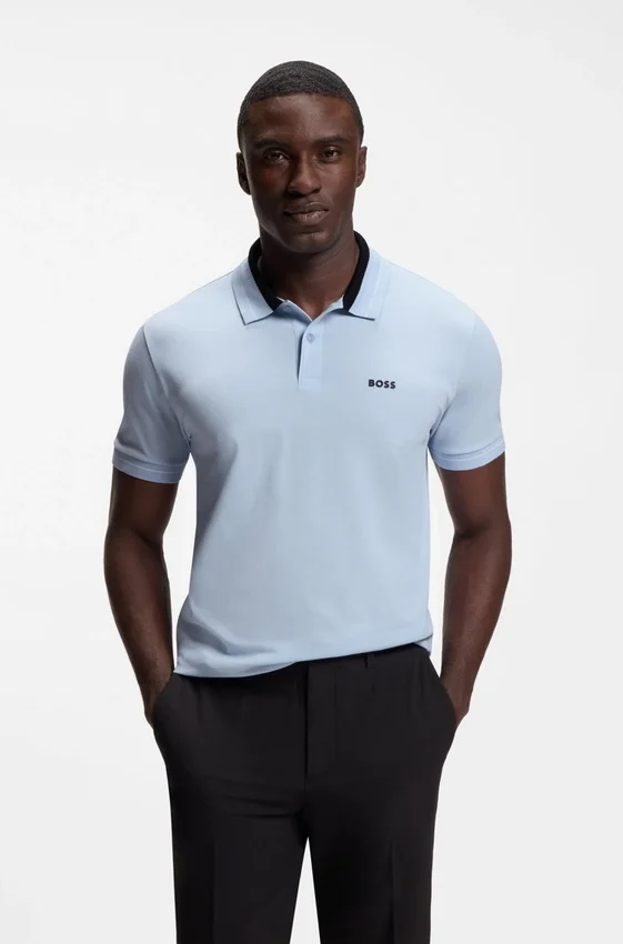Stripe-trim polo shirt in stretch cotton Stripe-trim polo shirt in stretch cotton
