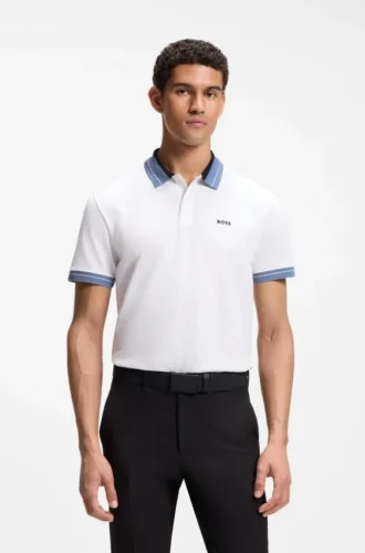 Stripe-trim polo shirt in stretch cotton Stripe-trim polo shirt in stretch cotton