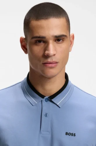 Stripe-trim polo shirt in stretch cotton Stripe-trim polo shirt in stretch cotton