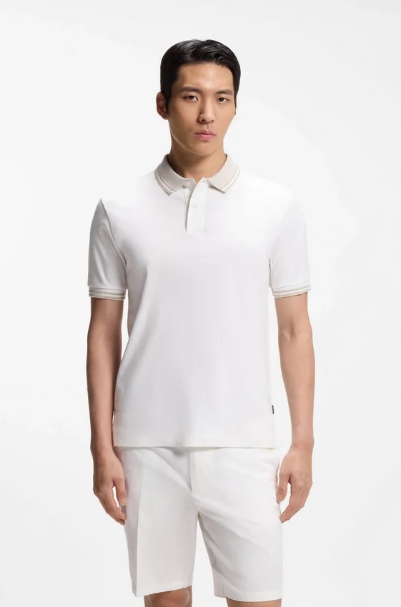 Stripe-trim slim-fit polo shirt in mercerised cotton Stripe-trim slim-fit polo shirt in mercerised cotton