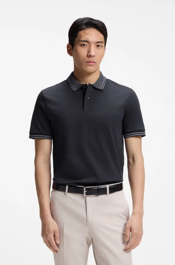 Stripe-trim slim-fit polo shirt in mercerised cotton Stripe-trim slim-fit polo shirt in mercerised cotton