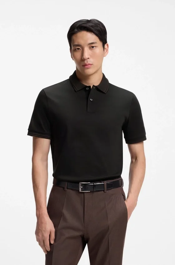 Stripe-trim slim-fit polo shirt in mercerised cotton Stripe-trim slim-fit polo shirt in mercerised cotton