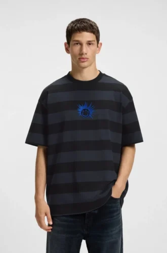 Striped-cotton T-shirt with Happy HUGO logo