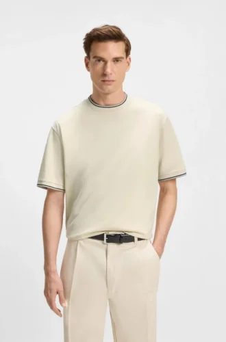 Striped-cuff T-shirt in mercerised cotton