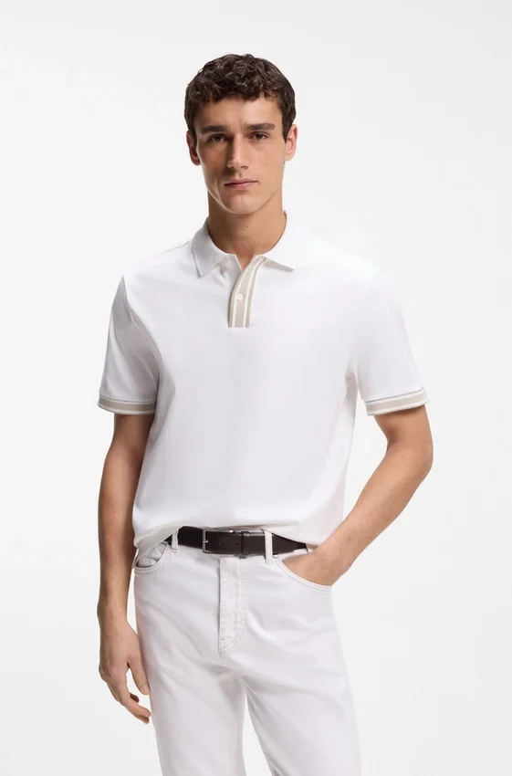 Striped-trim polo shirt in mercerised cotton Striped-trim polo shirt in mercerised cotton
