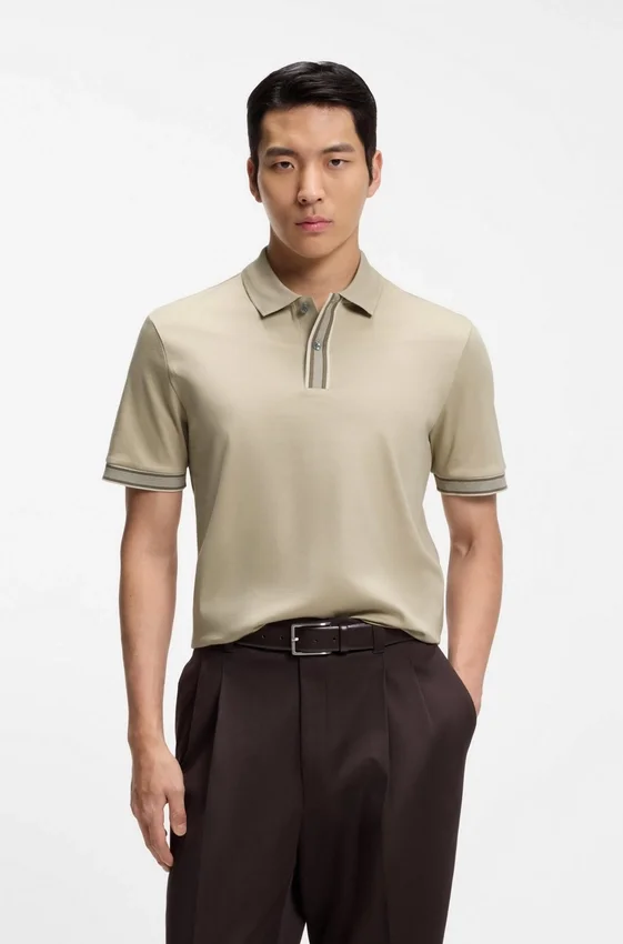 Striped-trim polo shirt in mercerised cotton Striped-trim polo shirt in mercerised cotton