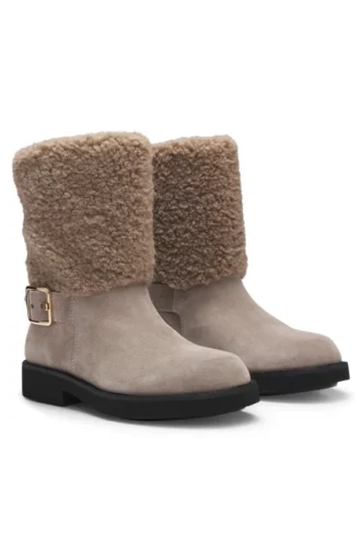 Suede biker boots with faux-fur trim