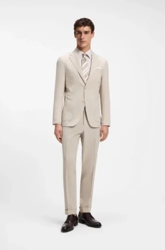 Tapered-fit trousers in wool-blend seersucker