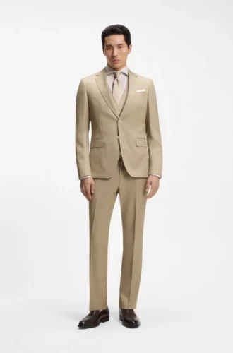Three-piece slim-fit suit in virgin-wool serge