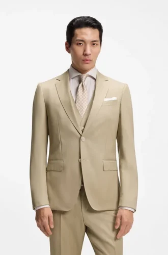 Three-piece slim-fit suit in virgin-wool serge
